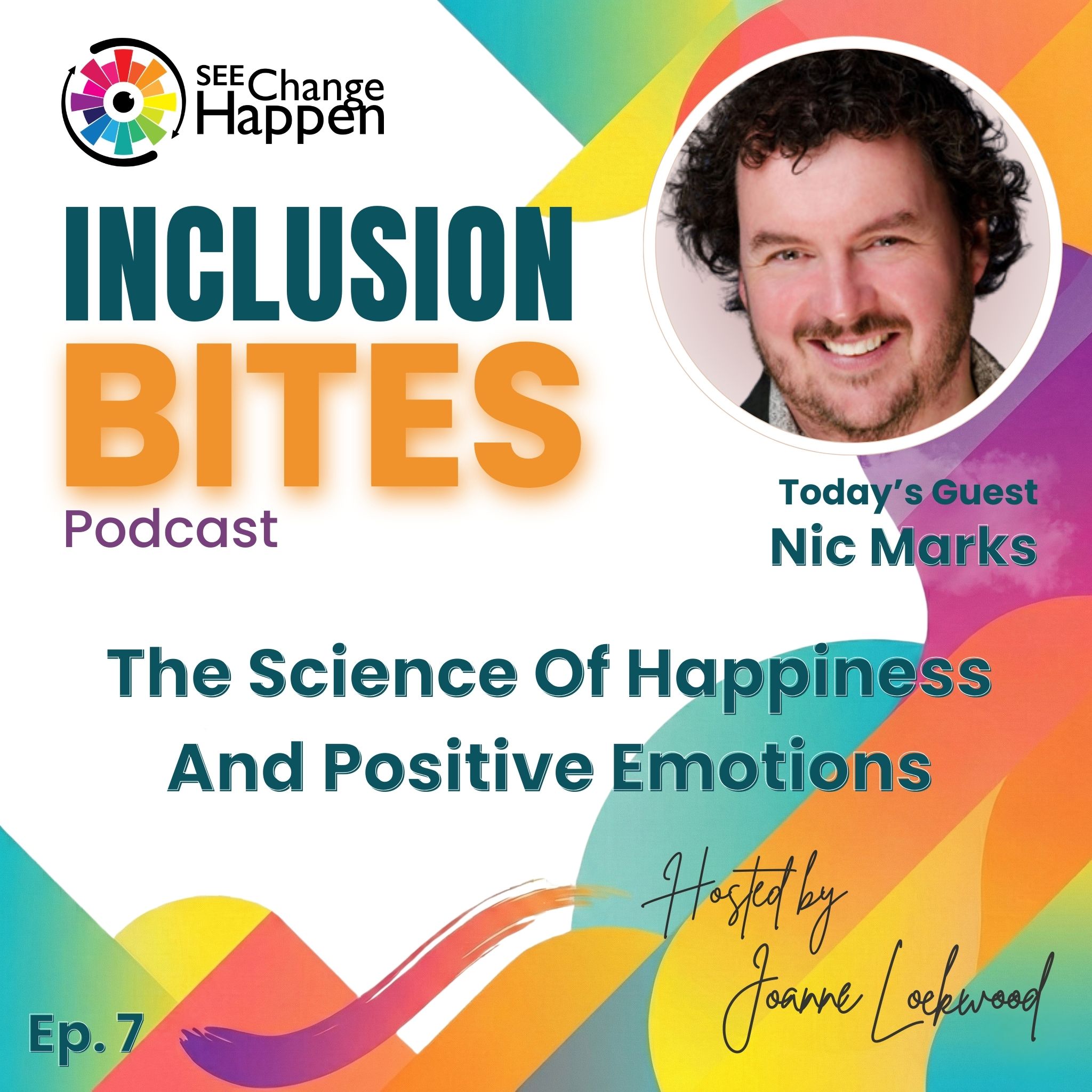 Podcast cover: Inclusion Bites Episode 7. Insights from the science of happiness & positive emotions. Guest Nic Marks.