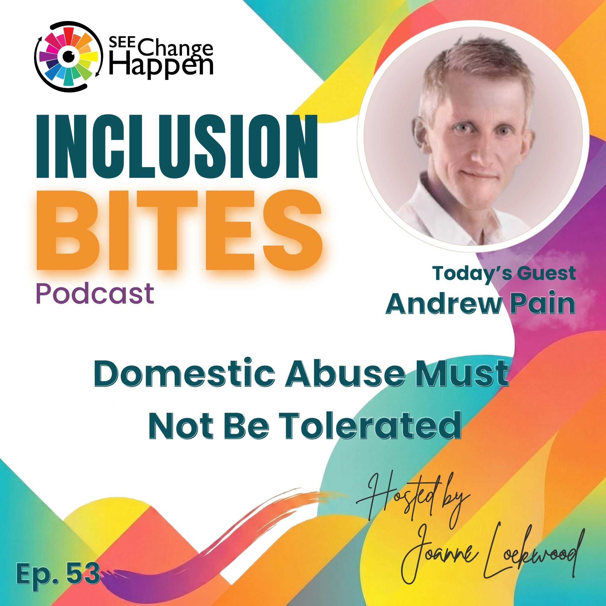 Poster: Inclusion Bites, Episode 53. “Domestic abuse must not be tolerated.” Guest Andrew Pain. Podcast mic graphic.